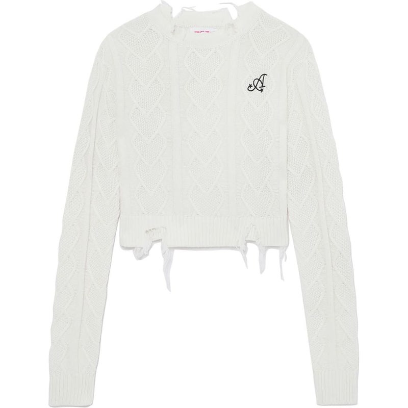 Women Bape Apee Distressed Cable Knit Top With Slit Back Knitwear White USA | DY0122312