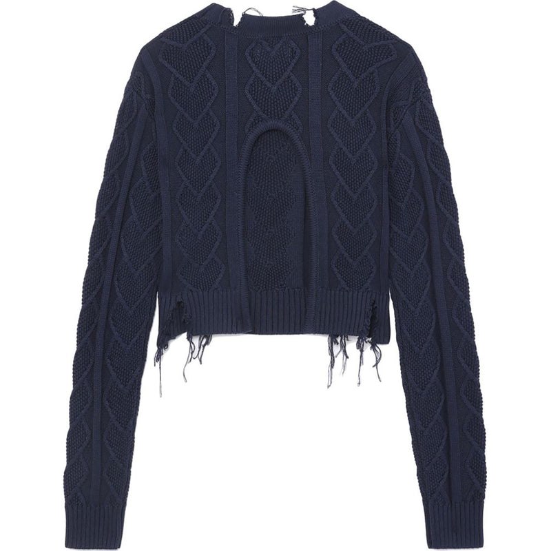 Women Bape Apee Distressed Cable Knit Top With Slit Back Knitwear Navy USA | YI3384234