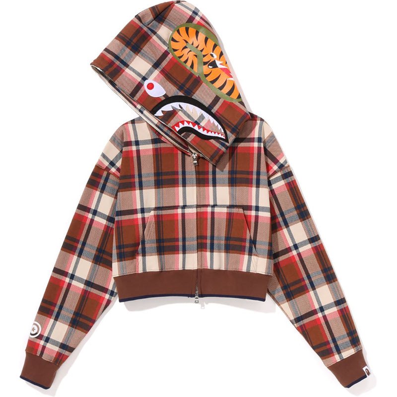 Women Bape Check Cropped Shark Full Zip Hoodie Hoodie Red USA | CH3431741