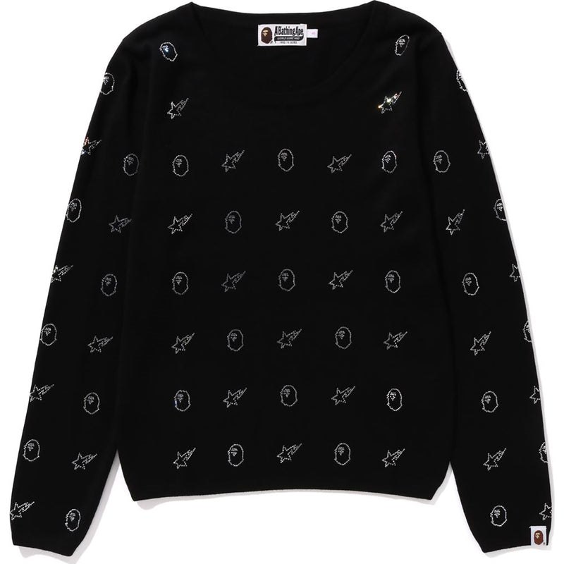 Women Bape Crystal Stone Knit Sweater Knitwear Black USA | BY9125215